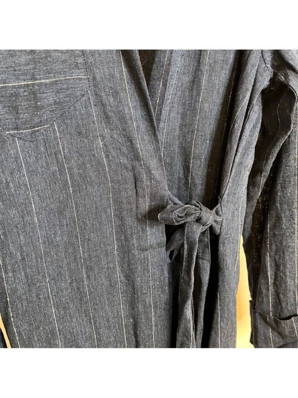 NWT Linen Blend Wrap Maxi Dress Conbipel Navy Pinstripe Italian L/XL - Picture 9 of 15